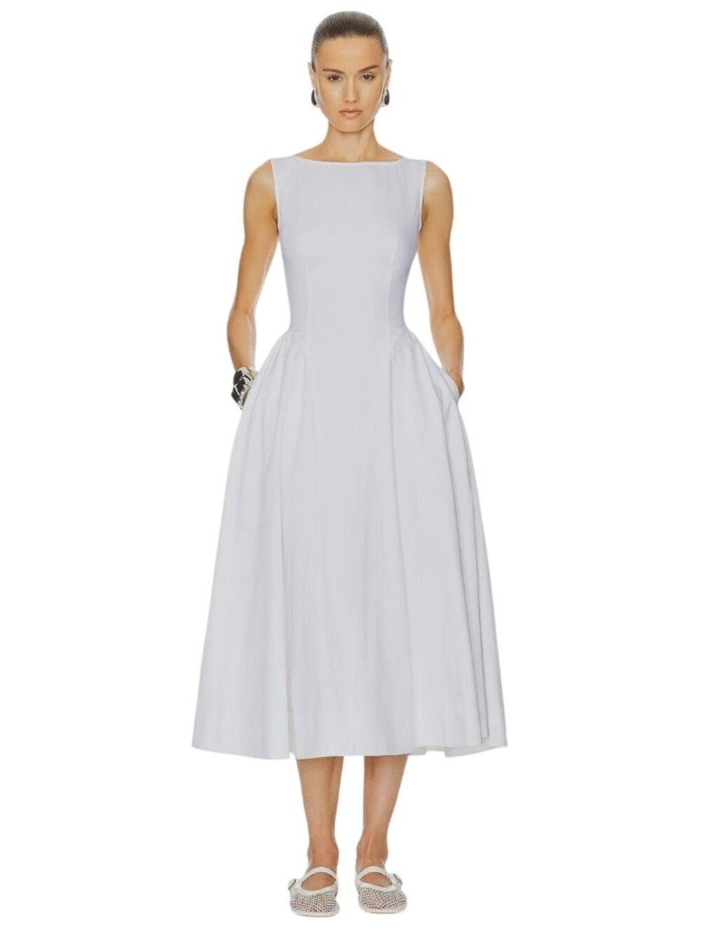 Helsa Stretch Cotton Sateen Midi Dress in White Large Womens